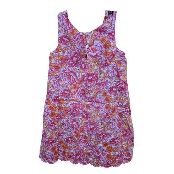 Tommy Bahama Girls Floral Dress Pink Orange Scalloped Hem Sleeveless Back Button - Picture 1 of 11